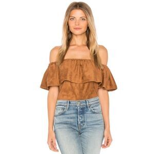 CUPCAKES & CASHMERE JENNINGS FLOUNCE OFF SHOULDER FAUX SUEDE TOP SMALL